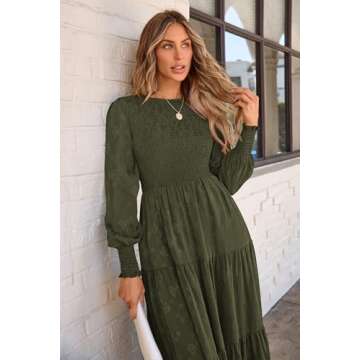 PRETTYGARDEN Women's Fall Spring Midi Dress Long Sleeve Floral Smocked Elegant Wedding Guest Long Flowy Dresses with Pockets (Army Green,XX-Large)