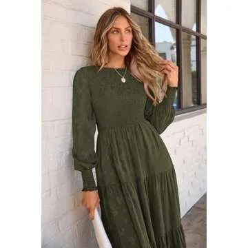 PRETTYGARDEN Women's Fall Spring Midi Dress Long Sleeve Floral Smocked Elegant Wedding Guest Long Flowy Dresses with Pockets (Army Green,XX-Large)