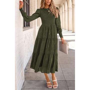 PRETTYGARDEN Women's Fall Spring Midi Dress Long Sleeve Floral Smocked Elegant Wedding Guest Long Flowy Dresses with Pockets (Army Green,XX-Large)