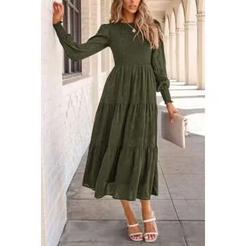 PRETTYGARDEN Women's Fall Spring Midi Dress Long Sleeve Floral Smocked Elegant Wedding Guest Long Flowy Dresses with Pockets (Army Green,XX-Large)