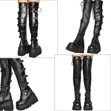 CELNEPHO Womens Wedge Platform Over The Knee Boots Chunky High Heel Side-Zip Lace-Up Motorcycle Riding Boots Combat Boots For Women