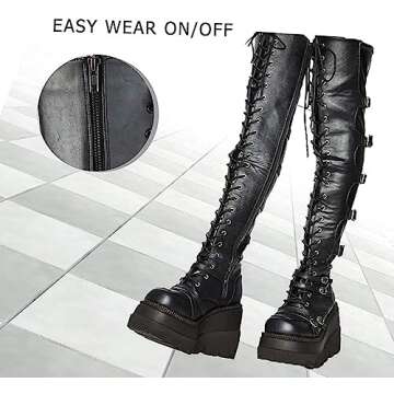 CELNEPHO Womens Wedge Platform Over The Knee Boots Chunky High Heel Side-Zip Lace-Up Motorcycle Riding Boots Combat Boots For Women