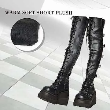 CELNEPHO Womens Wedge Platform Over The Knee Boots Chunky High Heel Side-Zip Lace-Up Motorcycle Riding Boots Combat Boots For Women