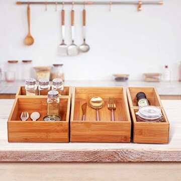 FILWH 5 Piece Bamboo Drawer Organizer Set, Luxury Wooden Desk Storage Box Kit, Multi-use Junk Drawer Organizer for Office, Kitchen, Bedroom, Children Room, Craft, Sewing