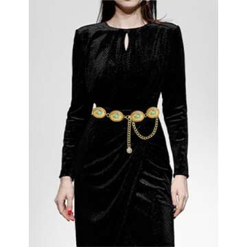 BEMYLV Big Concho Belts for Women Turquoise Gold Metal Western Belt Cowgirl Chain Belts for Dresses Jeans Girls Country Concert Outfit