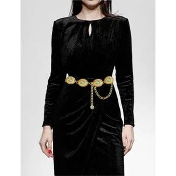 BEMYLV Big Concho Belts for Women Turquoise Gold Metal Western Belt Cowgirl Chain Belts for Dresses Jeans Girls Country Concert Outfit