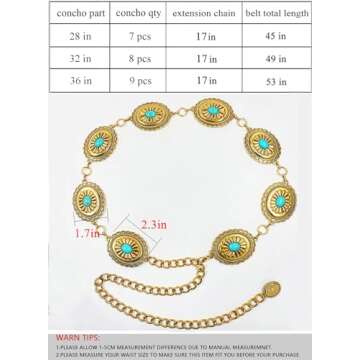 BEMYLV Big Concho Belts for Women Turquoise Gold Metal Western Belt Cowgirl Chain Belts for Dresses Jeans Girls Country Concert Outfit