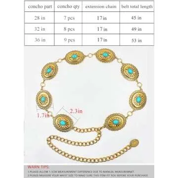 BEMYLV Big Concho Belts for Women Turquoise Gold Metal Western Belt Cowgirl Chain Belts for Dresses Jeans Girls Country Concert Outfit