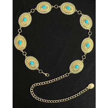 BEMYLV Big Concho Belts for Women Turquoise Gold Metal Western Belt Cowgirl Chain Belts for Dresses Jeans Girls Country Concert Outfit