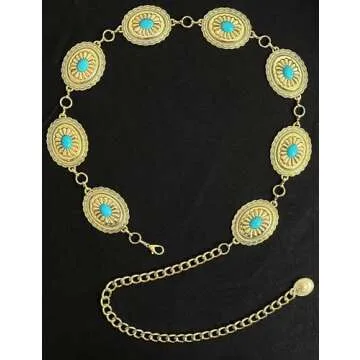 BEMYLV Big Concho Belts for Women Turquoise Gold Metal Western Belt Cowgirl Chain Belts for Dresses Jeans Girls Country Concert Outfit