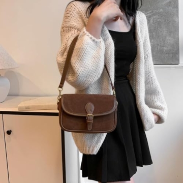 TYATVS Brown Suede Bag for Women Burgundy Suede Purse Fall Wine Purse Trendy Small Crossbody Bag Satchel Purse (Brown)