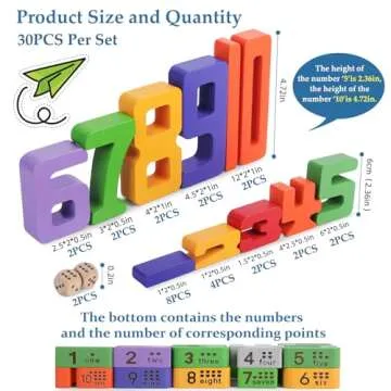 Lasoba Wooden Number Building Blocks, Large Digit Blocks 1-10, 30 Pcs Math Blocks Number Toys for Kids, Educational Blocks for Toddlers, Toys to Learn Numbers for 3 Year Olds +