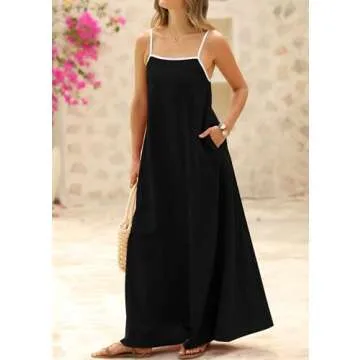 KIRUNDO Women Summer Maxi Dress 2025 Boho Spaghetti Strap Sleeveless Casual Loose Flowy A Line Beach Vacation Long Sundress(Black, XX-Large)
