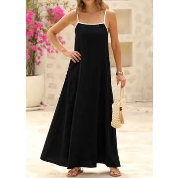 KIRUNDO Women Summer Maxi Dress 2025 Boho Spaghetti Strap Sleeveless Casual Loose Flowy A Line Beach Vacation Long Sundress(Black, XX-Large)