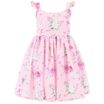 Flofallzique Pink Girls Summer Dress - Vintage Floral & Tailored Tie Back