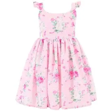 Flofallzique Pink Girls Summer Dress - Vintage Floral & Tailored Tie Back