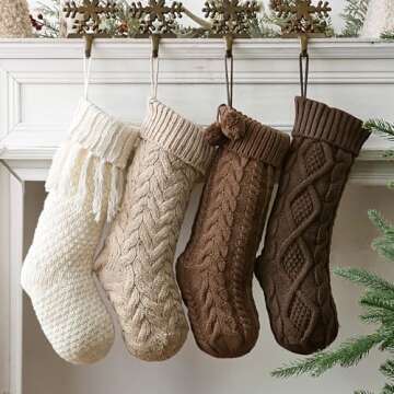 Pawliss Farmhouse Knitted Christmas Stockings: 4 Pack 18 Inch Rustic Neutral Cable Knit Fireplace St...