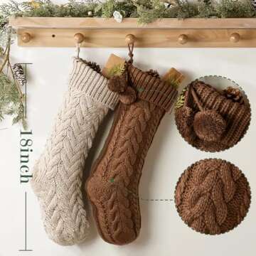 Pawliss Farmhouse Knitted Christmas Stockings: 4 Pack 18 Inch Rustic Neutral Cable Knit Fireplace Stockings, Cozy Hanging Xmas Stockings Stocking Decorations for Family Holiday Décor, Earth Tones