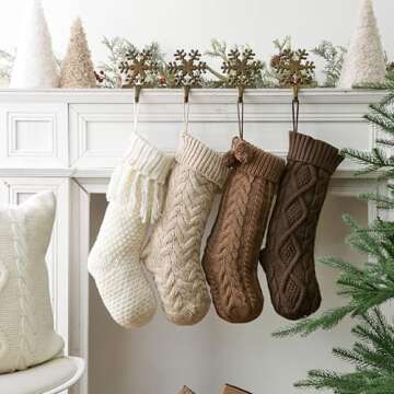 Pawliss Farmhouse Knitted Christmas Stockings: 4 Pack 18 Inch Rustic Neutral Cable Knit Fireplace Stockings, Cozy Hanging Xmas Stockings Stocking Decorations for Family Holiday Décor, Earth Tones
