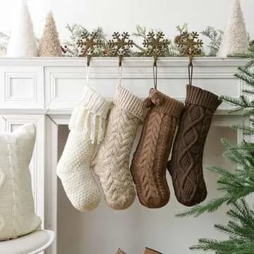 Pawliss Farmhouse Knitted Christmas Stockings: 4 Pack 18 Inch Rustic Neutral Cable Knit Fireplace Stockings, Cozy Hanging Xmas Stockings Stocking Decorations for Family Holiday Décor, Earth Tones