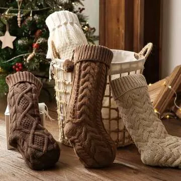 Pawliss Farmhouse Knitted Christmas Stockings: 4 Pack 18 Inch Rustic Neutral Cable Knit Fireplace Stockings, Cozy Hanging Xmas Stockings Stocking Decorations for Family Holiday Décor, Earth Tones