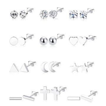Ofeiyaa 12 Pairs Stainless Steel Earrings Stud Geometric Set - Elegant Styles for Women