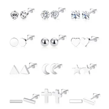 Ofeiyaa 12 Pairs Stainless Steel Earrings Stud Geometric Set - Elegant Styles for Women