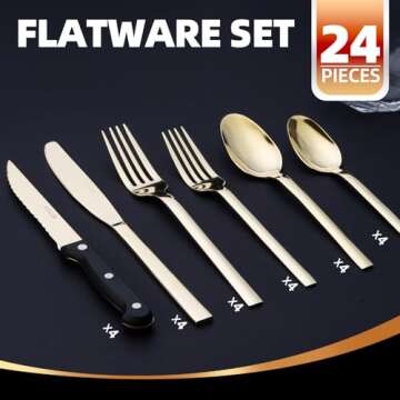 SELUKIYA 24 Pieces Silverware Service for 4, 18/0 Stainless Steel Flatware with Steak Knives, High Mirror Polished Cutlery Set in Ergonomic Design Size and Weight, Dishwasher Safe, Champagne Gold