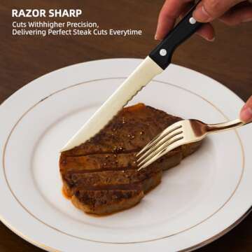 SELUKIYA 24 Pieces Silverware Service for 4, 18/0 Stainless Steel Flatware with Steak Knives, High Mirror Polished Cutlery Set in Ergonomic Design Size and Weight, Dishwasher Safe, Champagne Gold