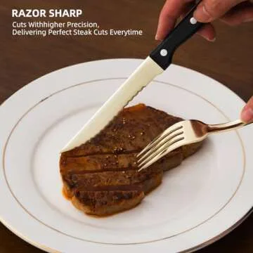 SELUKIYA 24 Pieces Silverware Service for 4, 18/0 Stainless Steel Flatware with Steak Knives, High Mirror Polished Cutlery Set in Ergonomic Design Size and Weight, Dishwasher Safe, Champagne Gold