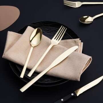 SELUKIYA 24 Pieces Silverware Service for 4, 18/0 Stainless Steel Flatware with Steak Knives, High Mirror Polished Cutlery Set in Ergonomic Design Size and Weight, Dishwasher Safe, Champagne Gold