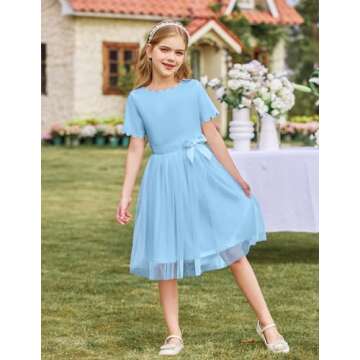 Arshiner Girls Scallop Neck Dress Elegant Cute Girls Party Midi Dress for 5-6 Years Light Blue