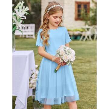 Arshiner Girls Scallop Neck Dress Elegant Cute Girls Party Midi Dress for 5-6 Years Light Blue