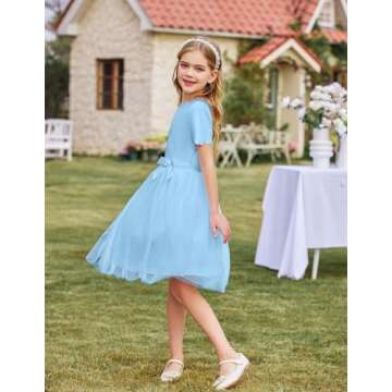 Arshiner Girls Scallop Neck Dress Elegant Cute Girls Party Midi Dress for 5-6 Years Light Blue