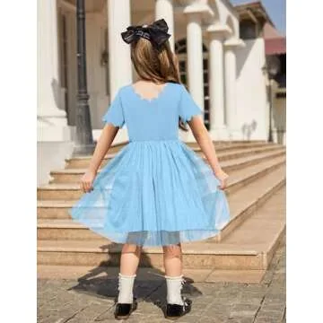 Arshiner Girls Scallop Neck Dress Elegant Cute Girls Party Midi Dress for 5-6 Years Light Blue