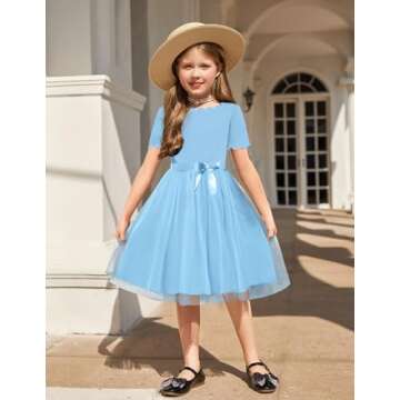 Arshiner Girls Scallop Neck Dress Elegant Cute Girls Party Midi Dress for 5-6 Years Light Blue