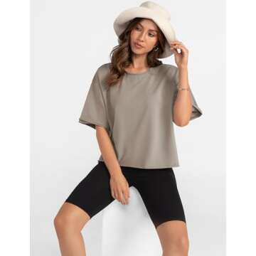 UEU Women's Workout Gym Athletic Boyfriend Half Short Sleeve Crop Tops Casual Loose Oversized T-Shir...
