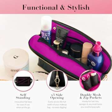 KUSSHI Washable Travel Makeup & Cosmetic Bag - Brush Organizer Sold Separately (Vacationer, Satin Black/Pink)