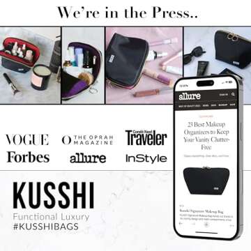 KUSSHI Washable Travel Makeup & Cosmetic Bag - Brush Organizer Sold Separately (Vacationer, Satin Black/Pink)