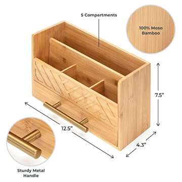 Mail Organizer for Desk - Bamboo Desktop Storage - Wooden Tabletop or Countertop Letter & Bill Holder - Wood Table Top - 5 Compartments and Drawers