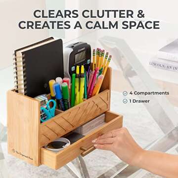 Mail Organizer for Desk - Bamboo Desktop Storage - Wooden Tabletop or Countertop Letter & Bill Holder - Wood Table Top - 5 Compartments and Drawers