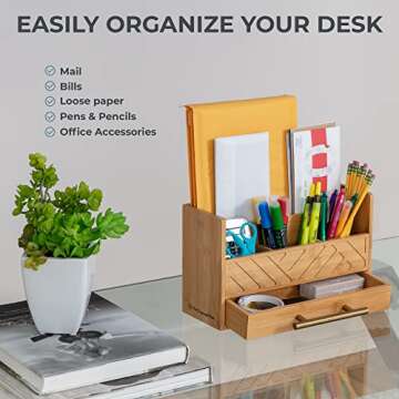 Mail Organizer for Desk - Bamboo Desktop Storage - Wooden Tabletop or Countertop Letter & Bill Holder - Wood Table Top - 5 Compartments and Drawers