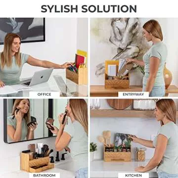 Mail Organizer for Desk - Bamboo Desktop Storage - Wooden Tabletop or Countertop Letter & Bill Holder - Wood Table Top - 5 Compartments and Drawers