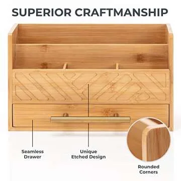 Mail Organizer for Desk - Bamboo Desktop Storage - Wooden Tabletop or Countertop Letter & Bill Holder - Wood Table Top - 5 Compartments and Drawers