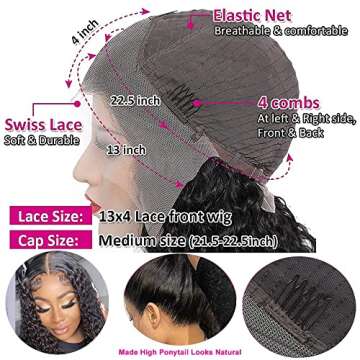 Human Hair Wigs Glueless Wigs Deep Wave Lace Frontal Wigs Wet and Wave Wigs for Black Women Lace Frontal Wigs with Baby Hair Pre Plucked for Black Women 150% Density 100% Unprocessed Lace Front Wigs