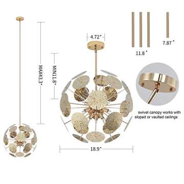 Fivess Lighting 12-Light Modern Sputnik Chandelier Gold with Bulbs, Adjustable Rods Globe Pendant Lighting Fixture for Dining Room Kitchen Island Foyer Farmhouse