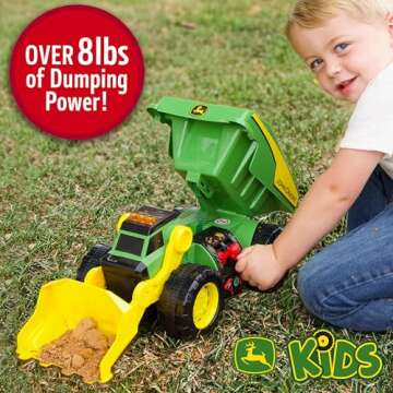John Deere 18’’ 2-N-1 Dig Rig Toy Dump Truck and Front Loader with Lights, Sound and Motor with Dual Joystick Controllers, Extra Large Construction Truck, Sturdy Plastic, Birthday Gift, 3+