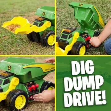 John Deere 18’’ 2-N-1 Dig Rig Toy Dump Truck and Front Loader with Lights, Sound and Motor with Dual Joystick Controllers, Extra Large Construction Truck, Sturdy Plastic, Birthday Gift, 3+