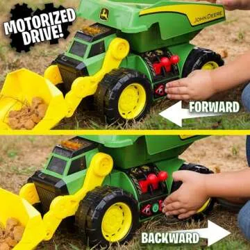 John Deere 18’’ 2-N-1 Dig Rig Toy Dump Truck and Front Loader with Lights, Sound and Motor with Dual Joystick Controllers, Extra Large Construction Truck, Sturdy Plastic, Birthday Gift, 3+