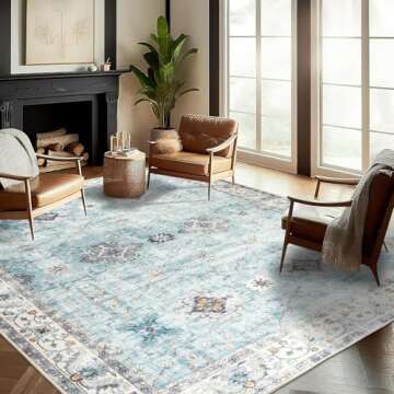 ReaLife Machine Washable Area Rug - Living Room Bedroom Bathroom Kitchen Entryway Office - Padded Low Pile Stain Resistant Premium - Boho Farmhouse Vintage - BEV - Blue Ivory 5' x 7'